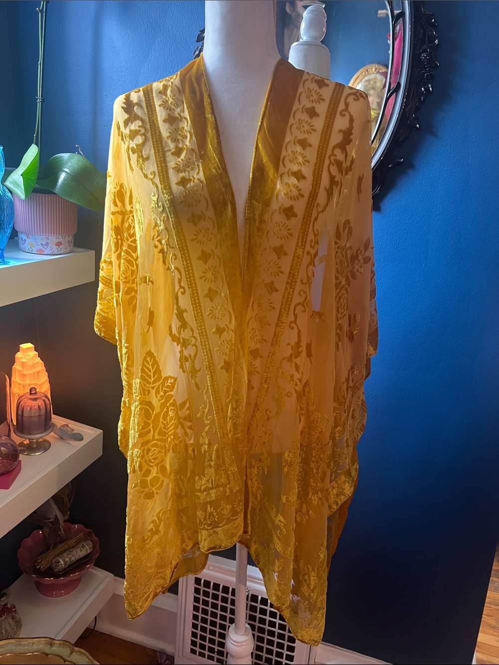 Burnout Velvet Floral Boho Festival Kimono Wrap Mustard OS